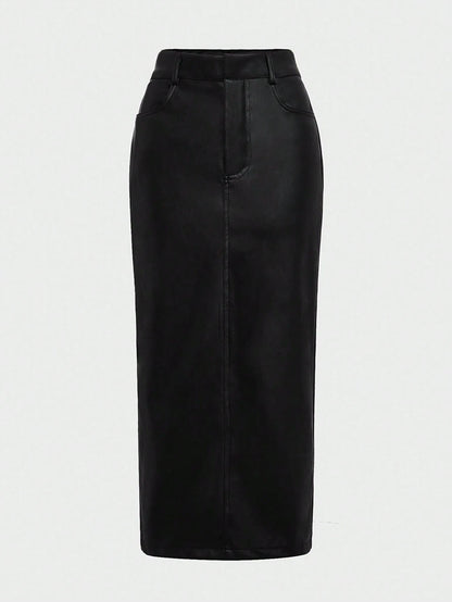 Elegant Commute Daily Business Old Money Style Leather High Cinched Waist Bodycon Faux Leather Midi Skirt Black