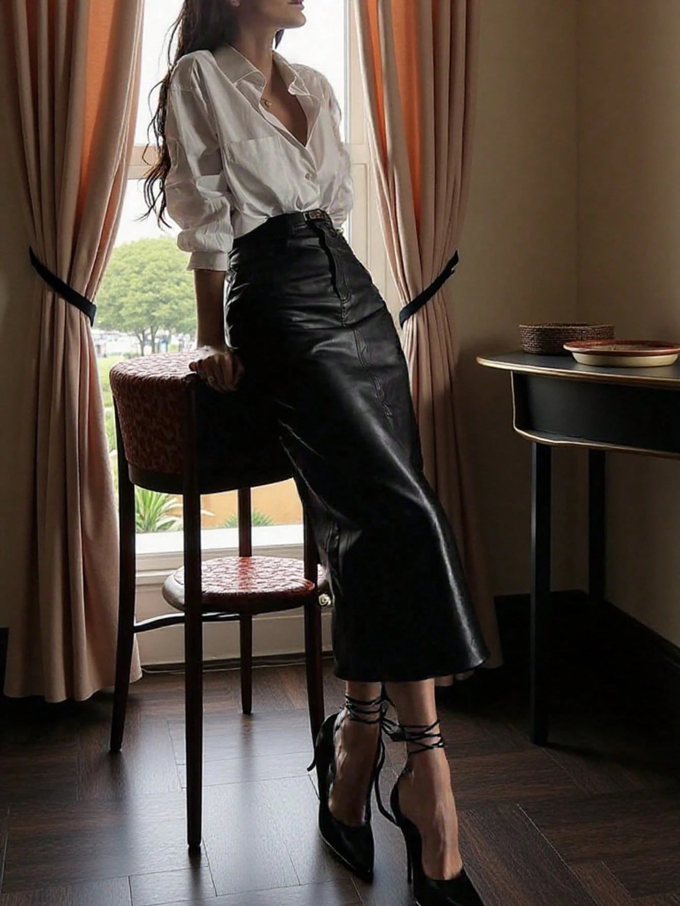 Elegant Commute Daily Business Old Money Style Leather High Cinched Waist Bodycon Faux Leather Midi Skirt Black