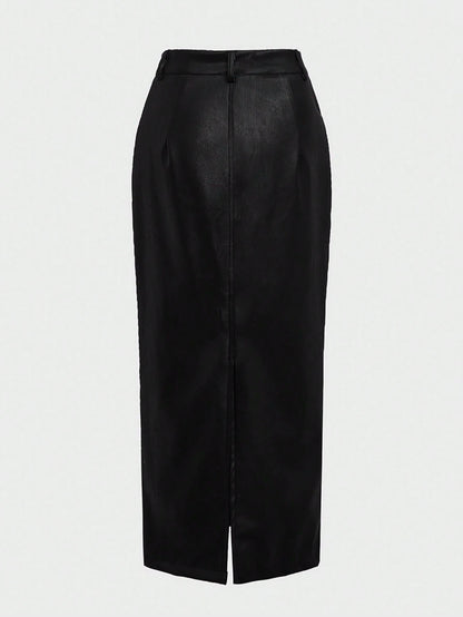 Elegant Commute Daily Business Old Money Style Leather High Cinched Waist Bodycon Faux Leather Midi Skirt Black