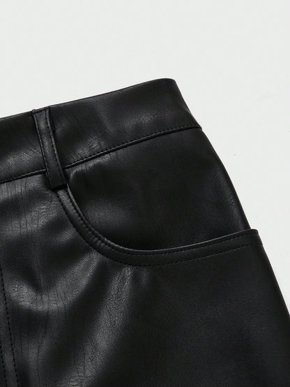 Elegant Commute Daily Business Old Money Style Leather High Cinched Waist Bodycon Faux Leather Midi Skirt Black