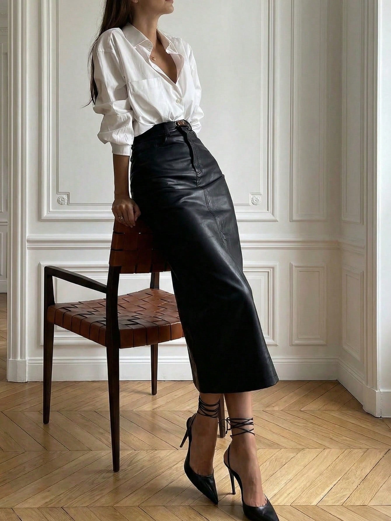 Elegant Commute Daily Business Old Money Style Leather High Cinched Waist Bodycon Faux Leather Midi Skirt Black