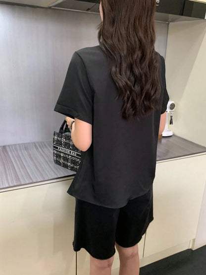 Elegant Design Sense Mature Urban Style Women Blouse Black Spring Summer