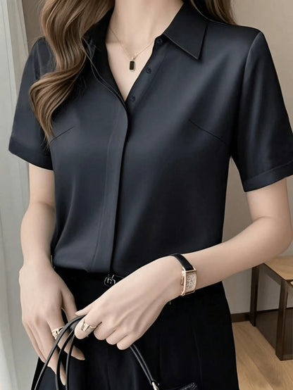 Elegant Design Sense Mature Urban Style Women Blouse Black Spring Summer