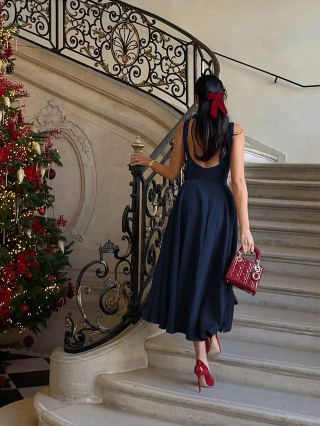 Elegant French Romantic Backless Hollow-Out Cinched Waist Sexy Charming Maxi Dress, Suitable For Christmas, Holiday Party, Date Summer