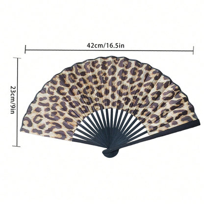 Elegant Leopard Print Folding Hand Fan With Black Frame, Lightweight Portable Women Handheld Cooling Fan, Chic Princess Style Accessory Essential For Summer Beach Holiday Fashion Party Daily Decor Sup