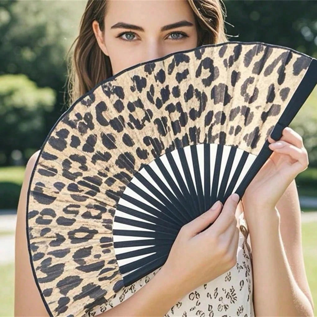 Elegant Leopard Print Folding Hand Fan With Black Frame, Lightweight Portable Women Handheld Cooling Fan, Chic Princess Style Accessory Essential For Summer Beach Holiday Fashion Party Daily Decor Sup