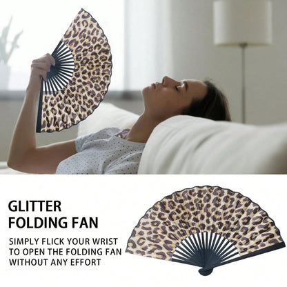 Elegant Leopard Print Folding Hand Fan With Black Frame, Lightweight Portable Women Handheld Cooling Fan, Chic Princess Style Accessory Essential For Summer Beach Holiday Fashion Party Daily Decor Sup