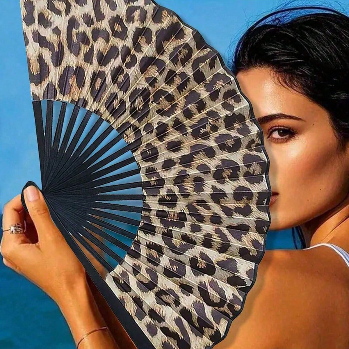 Elegant Leopard Print Folding Hand Fan With Black Frame, Lightweight Portable Women Handheld Cooling Fan, Chic Princess Style Accessory Essential For Summer Beach Holiday Fashion Party Daily Decor Sup