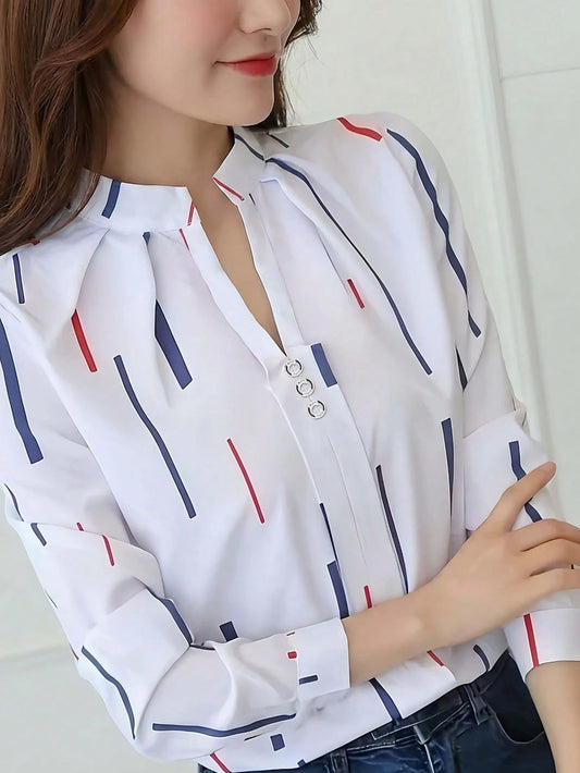 Elegant Long Sleeve Top With Red And Navy Striped Pattern, Machine Washable Non-Tight Fabric, Versatile Casual To Formal Wear For Spring And Autumn Vacation