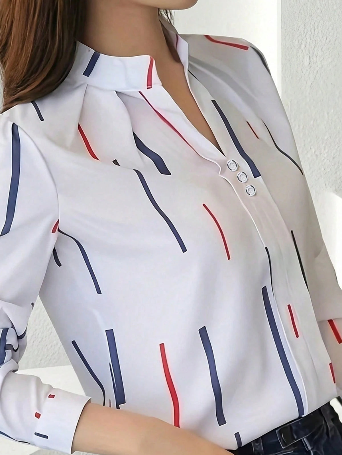 Elegant Long Sleeve Top With Red And Navy Striped Pattern, Machine Washable Non-Tight Fabric, Versatile Casual To Formal Wear For Spring And Autumn Vacation