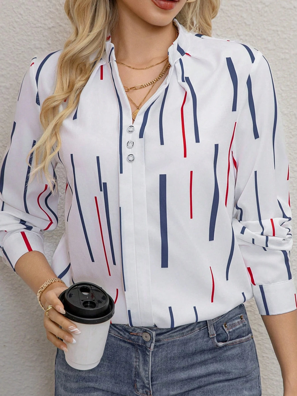 Elegant Long Sleeve Top With Red And Navy Striped Pattern, Machine Washable Non-Tight Fabric, Versatile Casual To Formal Wear For Spring And Autumn Vacation
