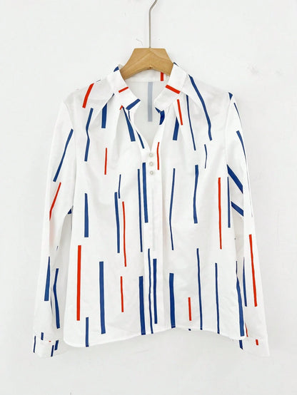 Elegant Long Sleeve Top With Red And Navy Striped Pattern, Machine Washable Non-Tight Fabric, Versatile Casual To Formal Wear For Spring And Autumn Vacation