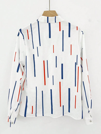 Elegant Long Sleeve Top With Red And Navy Striped Pattern, Machine Washable Non-Tight Fabric, Versatile Casual To Formal Wear For Spring And Autumn Vacation