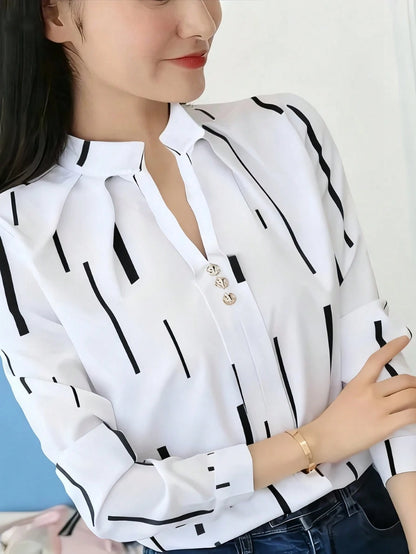 Elegant Long Sleeve Top With Red And Navy Striped Pattern, Machine Washable Non-Tight Fabric, Versatile Casual To Formal Wear For Spring And Autumn Vacation