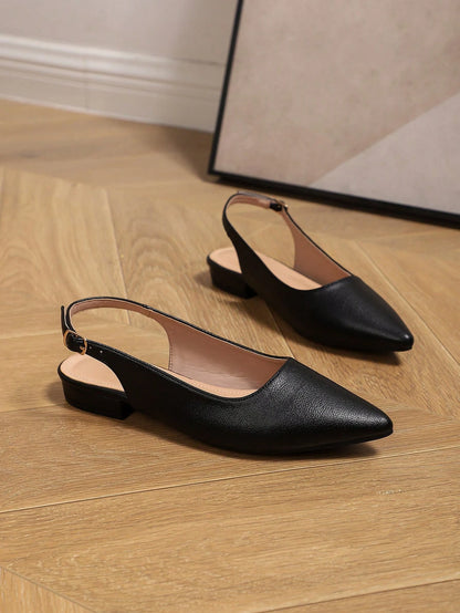 Elegant Solid-Colored Women's Low-Heeled Shoes With Ankle Buckle, Lightweight And Pointed Toe, Category: Women's Low-Heeled Shoes