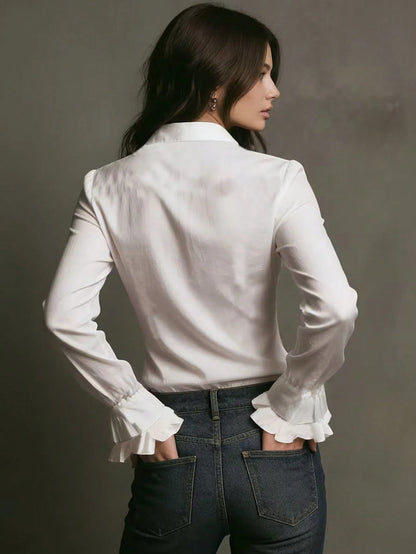 Elegant White Ruffle Collar Shirt- Classic Button-Down Shirt, Suitable For Spring/Autumn, Office & Semi-Formal Occasions, Solid Color Design, Machine Washable