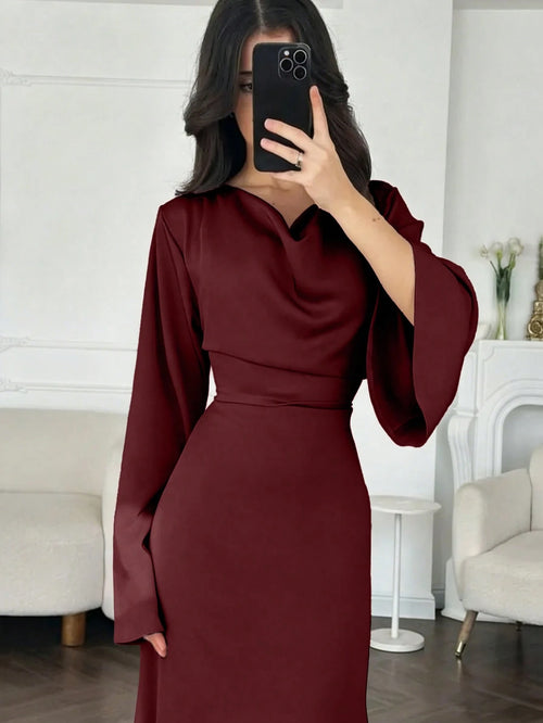 Elegant Women's Burgundy High Neck Long Dress With Flared Sleeves And A-Line Skirt, Suitable For Party Wear Spring