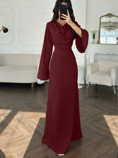 Elegant Women's Burgundy High Neck Long Dress With Flared Sleeves And A-Line Skirt, Suitable For Party Wear Spring