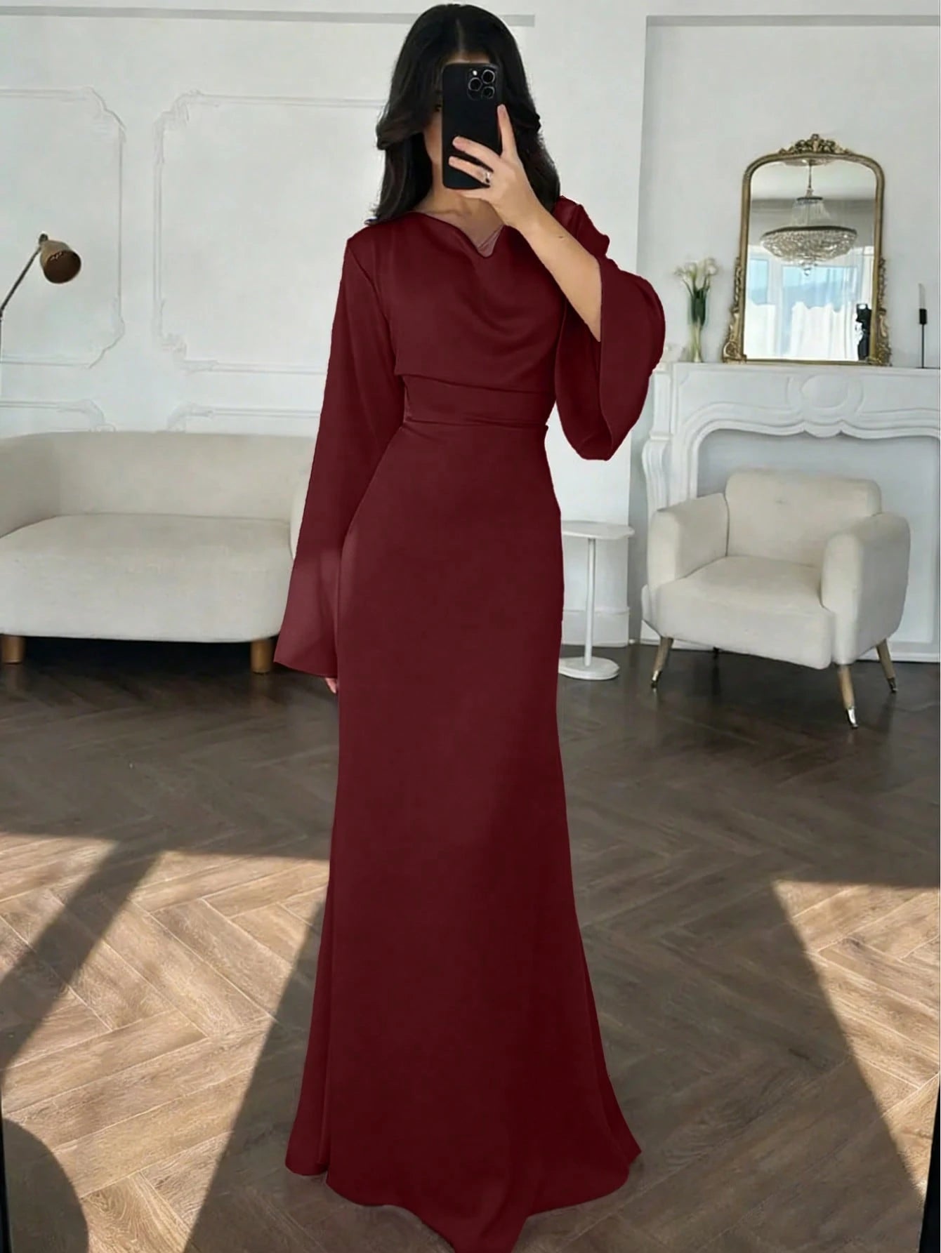 Elegant Women's Burgundy High Neck Long Dress With Flared Sleeves And A-Line Skirt, Suitable For Party Wear Spring