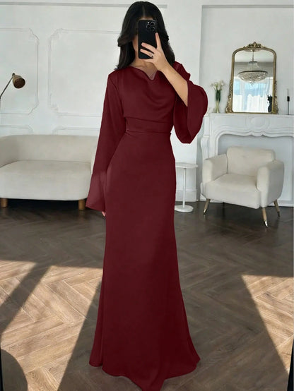 Elegant Women's Burgundy High Neck Long Dress With Flared Sleeves And A-Line Skirt, Suitable For Party Wear Spring