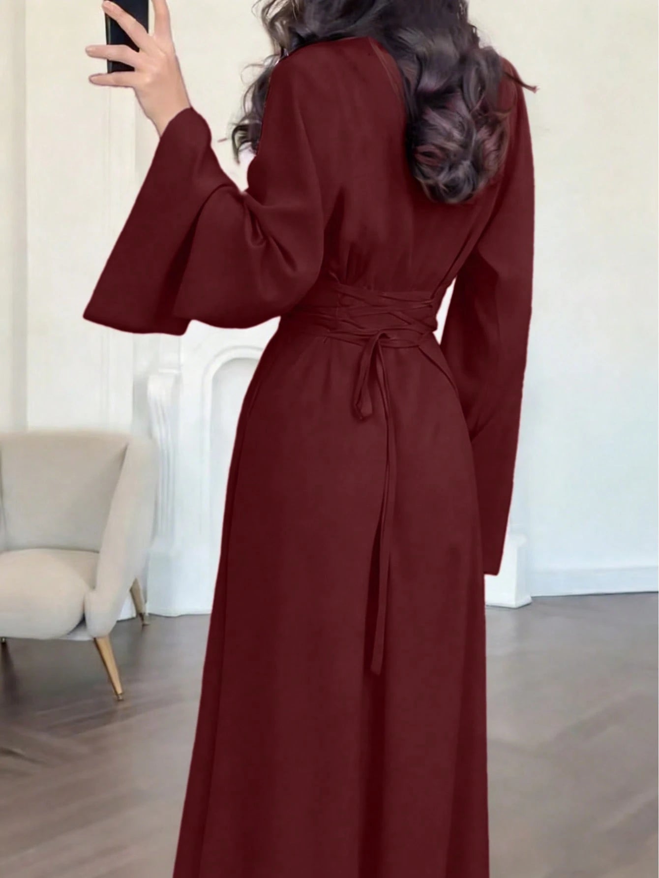 Elegant Women's Burgundy High Neck Long Dress With Flared Sleeves And A-Line Skirt, Suitable For Party Wear Spring