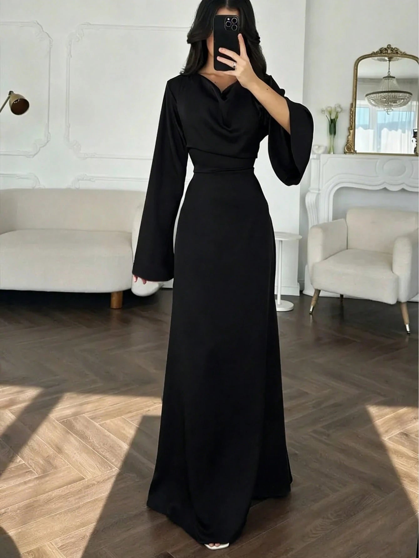 Elegant Women's Burgundy High Neck Long Dress With Flared Sleeves And A-Line Skirt, Suitable For Party Wear Spring