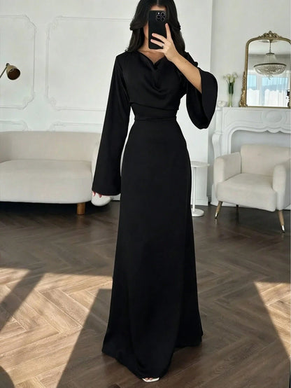 Elegant Women's Burgundy High Neck Long Dress With Flared Sleeves And A-Line Skirt, Suitable For Party Wear Spring
