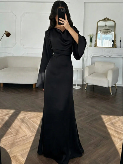 Elegant Women's Burgundy High Neck Long Dress With Flared Sleeves And A-Line Skirt, Suitable For Party Wear Spring