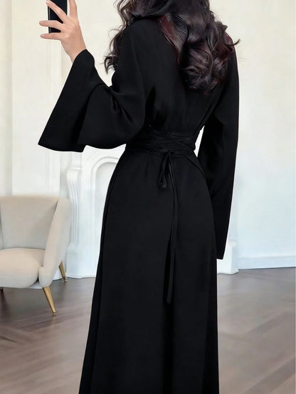 Elegant Women's Burgundy High Neck Long Dress With Flared Sleeves And A-Line Skirt, Suitable For Party Wear Spring