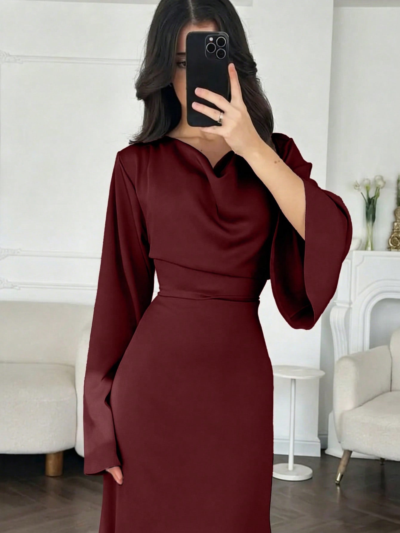 Elegant Women's Burgundy High Neck Long Dress With Flared Sleeves And A-Line Skirt, Suitable For Party Wear Spring