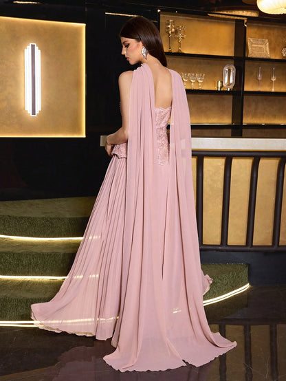 Elegant Women's Pink Strapless Beaded Decorated Dress, Pleated Flared Skirt Formal Gown, Suitable For Balls And Galas, With Neck Tie Two Pieces Soft Dress Set