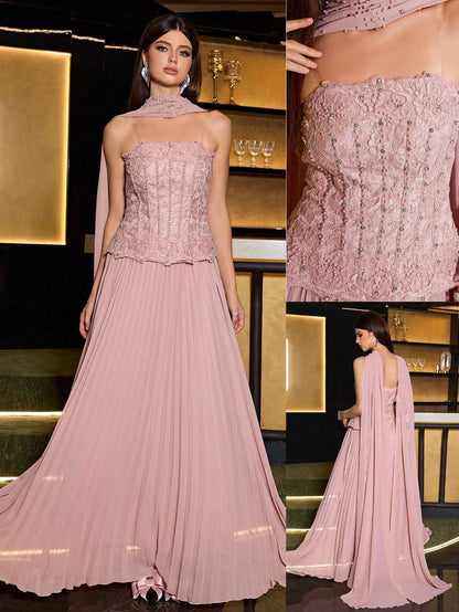 Elegant Women's Pink Strapless Beaded Decorated Dress, Pleated Flared Skirt Formal Gown, Suitable For Balls And Galas, With Neck Tie Two Pieces Soft Dress Set