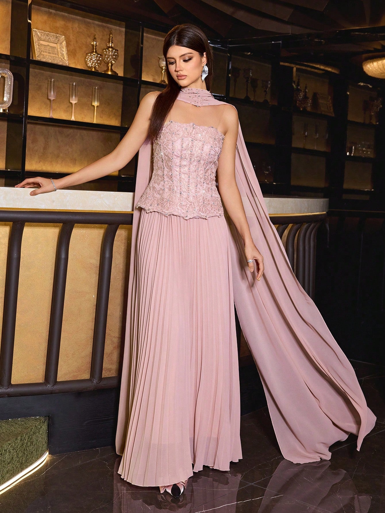 Elegant Women's Pink Strapless Beaded Decorated Dress, Pleated Flared Skirt Formal Gown, Suitable For Balls And Galas, With Neck Tie Two Pieces Soft Dress Set