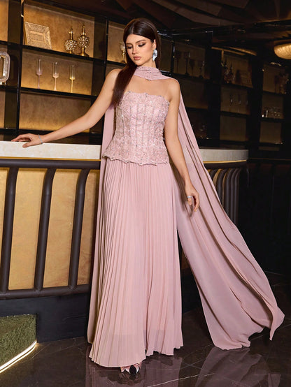 Elegant Women's Pink Strapless Beaded Decorated Dress, Pleated Flared Skirt Formal Gown, Suitable For Balls And Galas, With Neck Tie Two Pieces Soft Dress Set