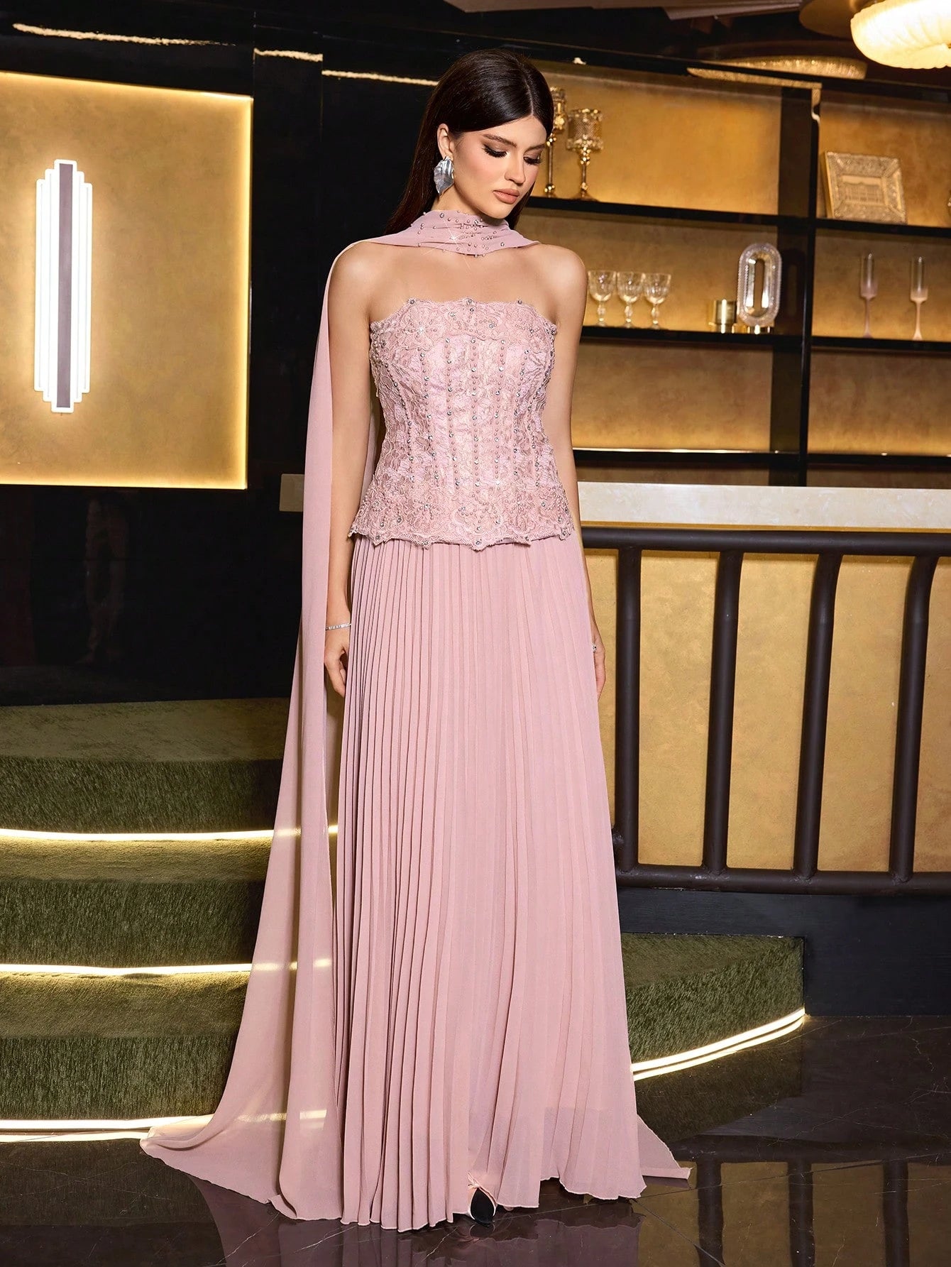 Elegant Women's Pink Strapless Beaded Decorated Dress, Pleated Flared Skirt Formal Gown, Suitable For Balls And Galas, With Neck Tie Two Pieces Soft Dress Set