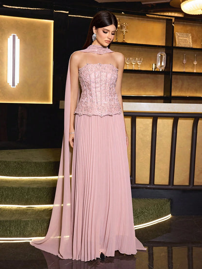 Elegant Women's Pink Strapless Beaded Decorated Dress, Pleated Flared Skirt Formal Gown, Suitable For Balls And Galas, With Neck Tie Two Pieces Soft Dress Set