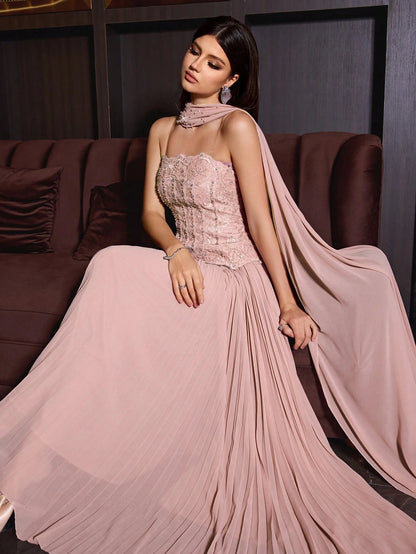 Elegant Women's Pink Strapless Beaded Decorated Dress, Pleated Flared Skirt Formal Gown, Suitable For Balls And Galas, With Neck Tie Two Pieces Soft Dress Set