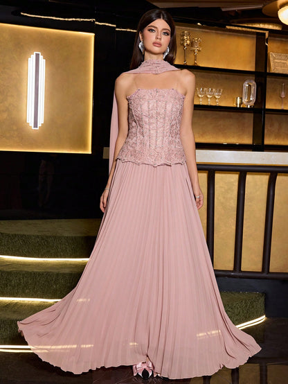 Elegant Women's Pink Strapless Beaded Decorated Dress, Pleated Flared Skirt Formal Gown, Suitable For Balls And Galas, With Neck Tie Two Pieces Soft Dress Set