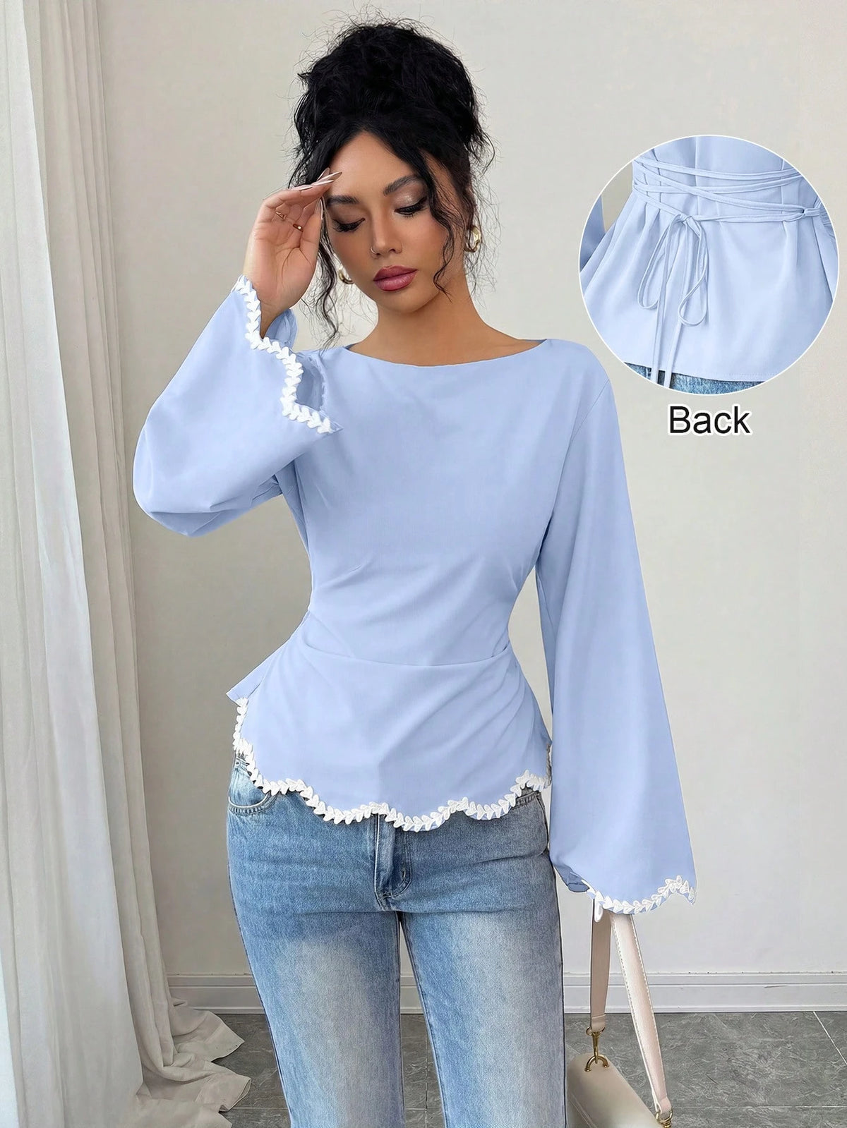 Elenzga 1pc Women's Spring/Summer Wavy Heart Woven Trim Ruched Waist Blouse