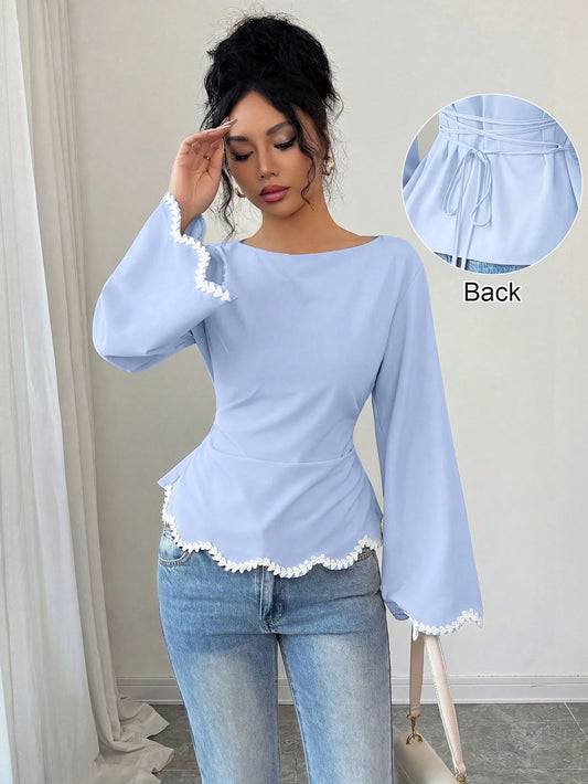Elenzga 1pc Women's Spring/Summer Wavy Heart Woven Trim Ruched Waist Blouse