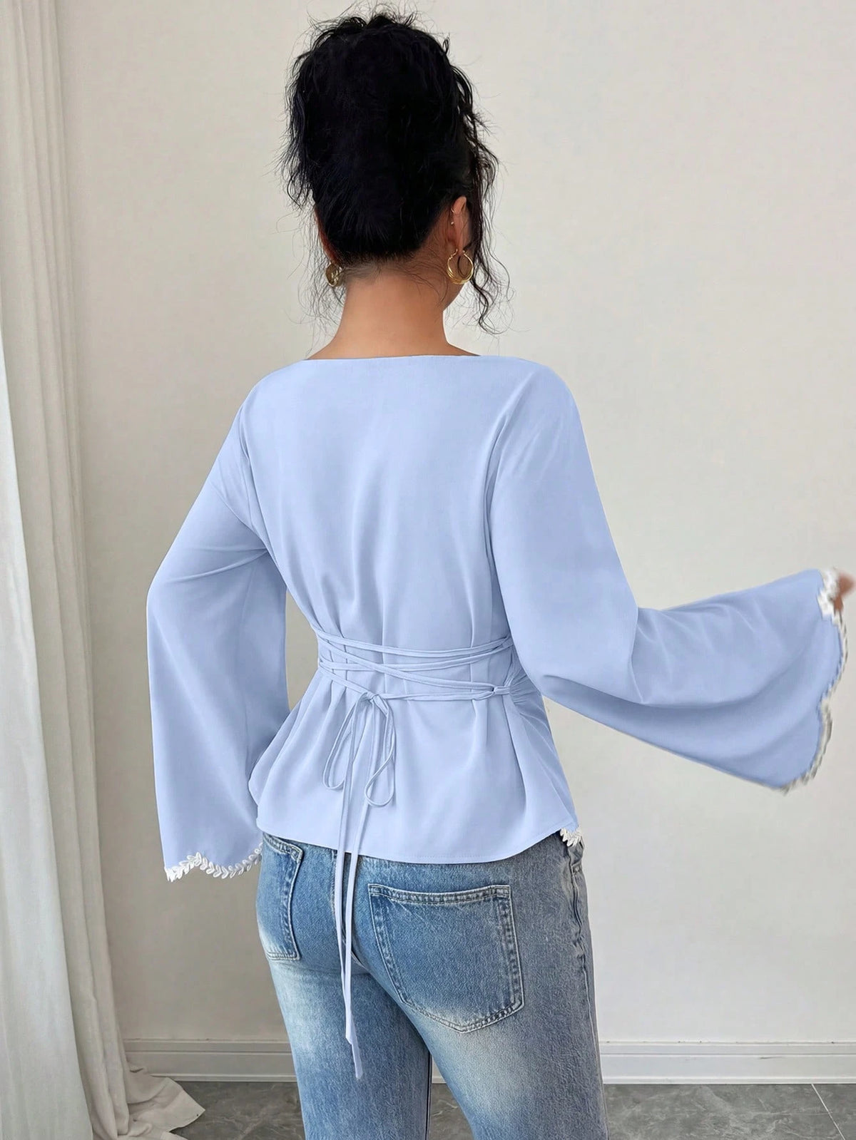 Elenzga 1pc Women's Spring/Summer Wavy Heart Woven Trim Ruched Waist Blouse