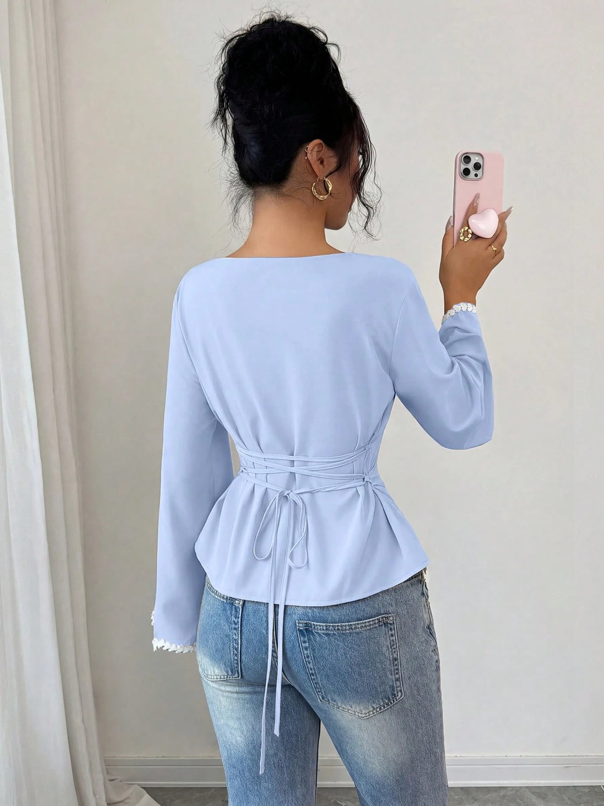 Elenzga 1pc Women's Spring/Summer Wavy Heart Woven Trim Ruched Waist Blouse