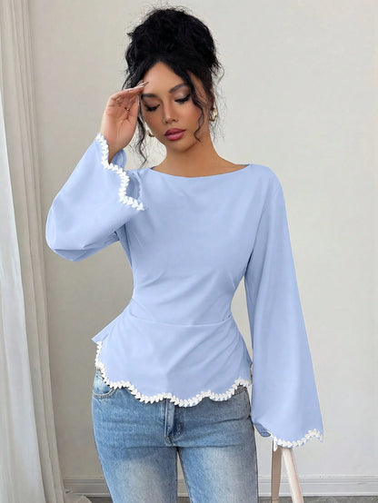 Elenzga 1pc Women's Spring/Summer Wavy Heart Woven Trim Ruched Waist Blouse
