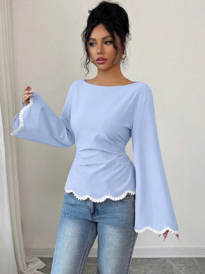 Elenzga 1pc Women's Spring/Summer Wavy Heart Woven Trim Ruched Waist Blouse