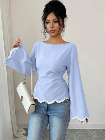 Elenzga 1pc Women's Spring/Summer Wavy Heart Woven Trim Ruched Waist Blouse
