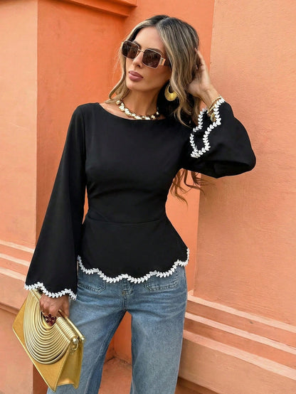 Elenzga 1pc Women's Spring/Summer Wavy Heart Woven Trim Ruched Waist Blouse