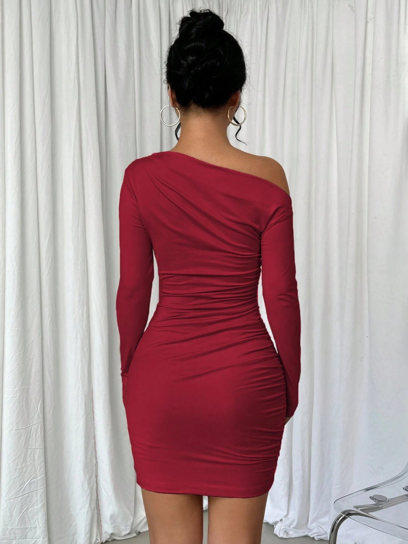 Elenzga Asymmetric Ruffle Trim Oblique Shoulder Long Sleeve Dress Fall Cloth For Women