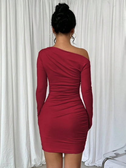 Elenzga Asymmetric Ruffle Trim Oblique Shoulder Long Sleeve Dress Fall Cloth For Women