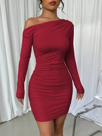 Elenzga Asymmetric Ruffle Trim Oblique Shoulder Long Sleeve Dress Fall Cloth For Women