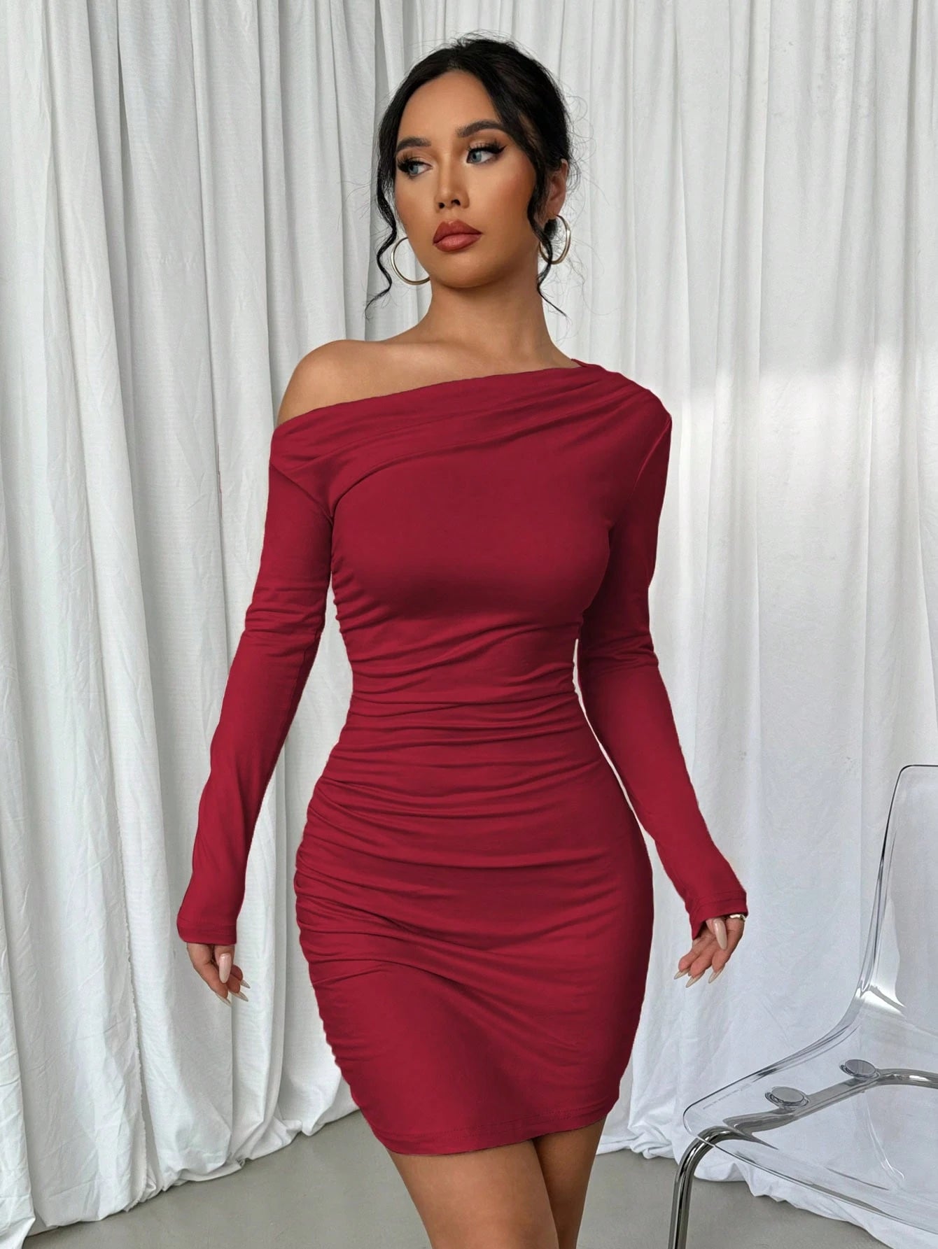 Elenzga Asymmetric Ruffle Trim Oblique Shoulder Long Sleeve Dress Fall Cloth For Women